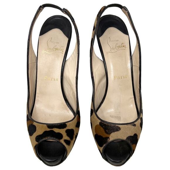 Christian Louboutin Leopard Slingback Heels 40.5 Calf Hair Peep Toe Red Sole - Picture 2 of 8